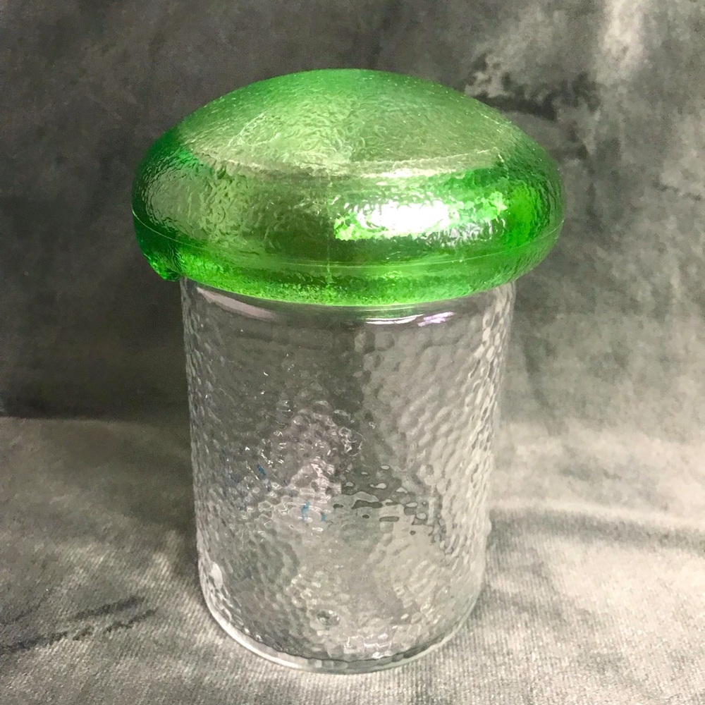 Mushroom Canister Mid Century Modern Clear Textured Glass MCM 6” Green Top
